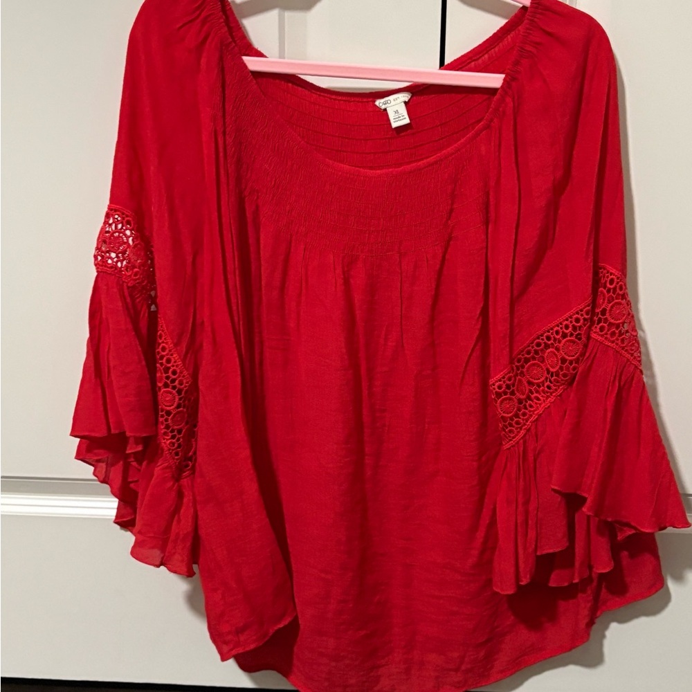 Cato Red Ruffled Bell Sleeve Blouse